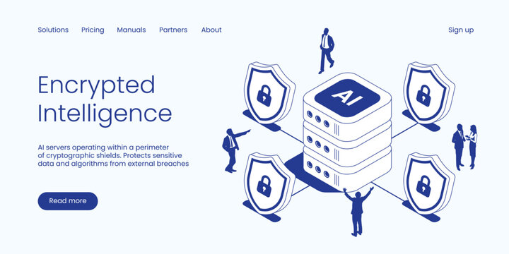 Isometric encrypted intelligence vector illustration. AI server security concept with protective shields and padlocks. Clean IT technology landing page layout