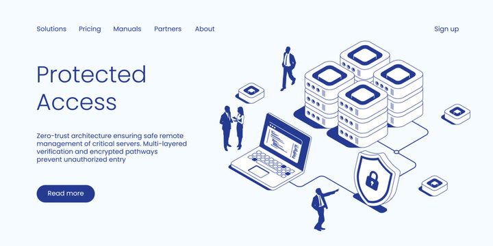 Isometric protected access vector illustration. Zero-trust server security concept with a laptop, servers, shield, and padlock. Clean IT technology landing page layout