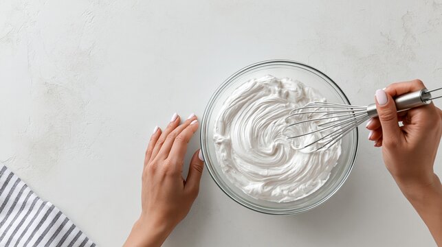 Woman's hands whisking fresh whipped cream in a glass bowl on a kitchen countertop, preparing a sweet dessert