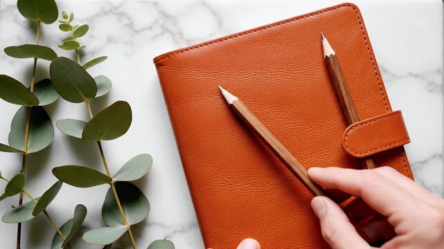 A smooth brown leather-bound book rests on a marble surface beside eucalyptus leaves