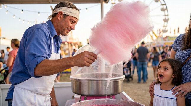 Man making cotton candy for excited girl at fairground  