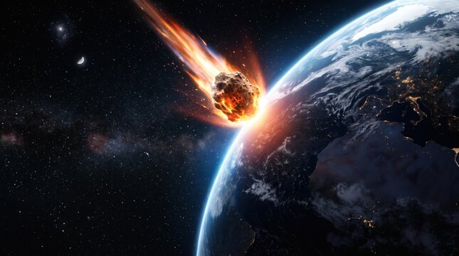 Fiery asteroid colliding with Earth in deep space.