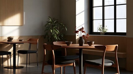 Fototapeta premium Minimalist dining area featuring wooden tables chairs with black cushions potted plants and natural light from a window