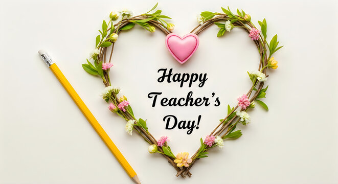 Handmade floral heart-shaped wreath for Teacher's Day celebration. Decorative chalkboard greeting with vibrant spring blooms and natural twine.
