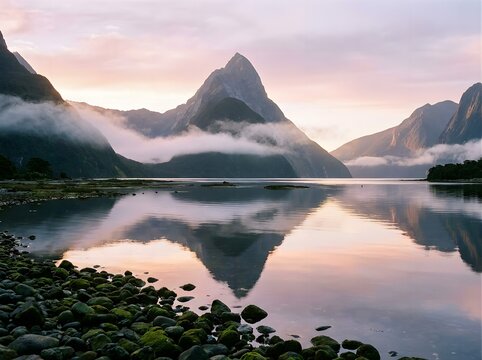 Mitre peak at milford sound in new zealand at sunrise