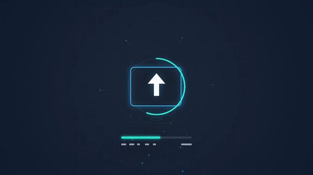 Upload Progress Indicator: A futuristic digital progress bar shows a loading status with an upward arrow symbol, indicating data upload or completion of a task against a dark.