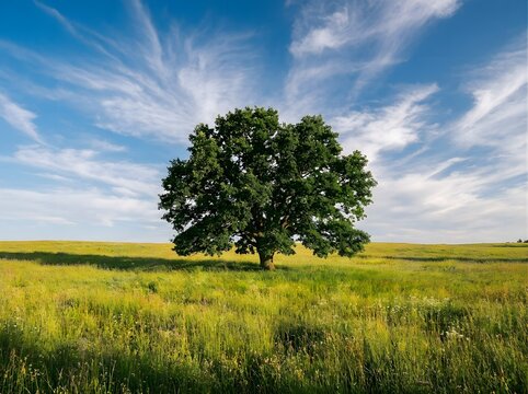A solitary large oak tree standing in a vast green meadow