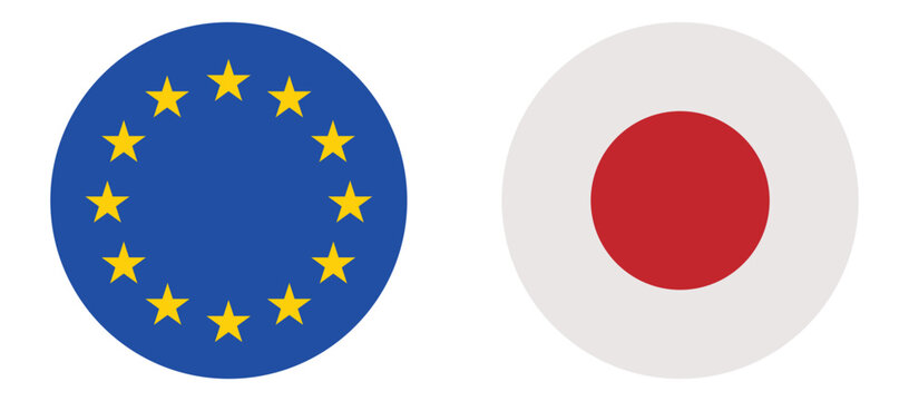 European Union and Japan round flag icons vector, EU and Japanese circular national symbols isolated on white background