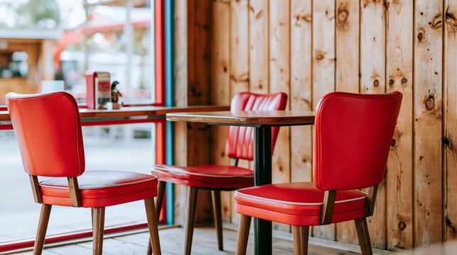 Retro diner interior showing red chairs and wooden walls, creating a nostalgic American restaurant atmosphere