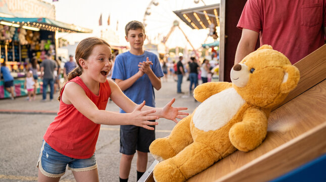 Excited girl reaching for teddy bear prize at carnival game  