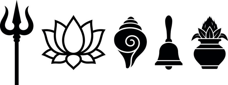 Hindu religious symbols collection trident lotus conch bell and kalash