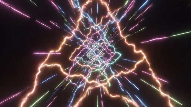 Abstract tunnel of colorful lightning strikes receding into darkness