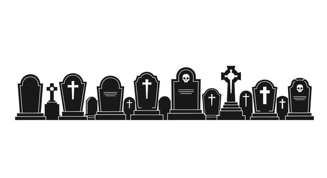 Gothic cemetery gravestones silhouette set, black tombstone icons with crosses and skulls, spooky graveyard headstone vector collection for Halloween