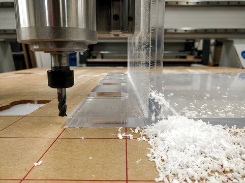 CNC Router Bit Cutting Thick Transparent Acrylic Sheet with Plastic Chips, Close Up View of CNC Milling Machine Precision Cutting Clear Acrylic Block, Automated CNC Router Machining Acrylic Plastic