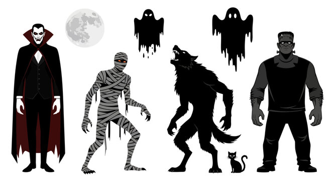 Classic Halloween monster characters set, spooky vampire mummy werewolf and frankenstein vector, dark gothic horror silhouettes for party decor