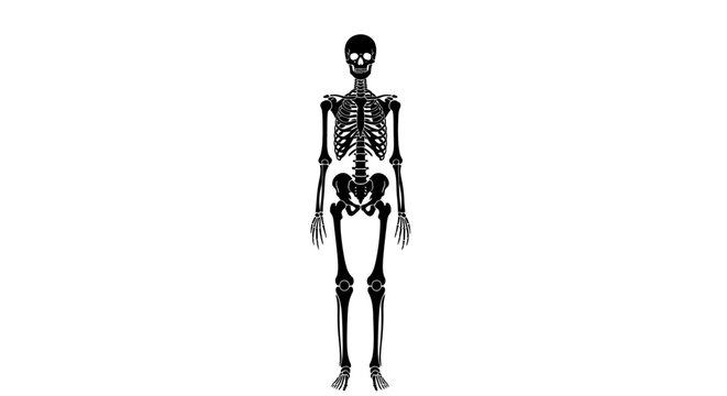 Anatomical human skeleton vector illustration, black silhouette of full body bone structure, medical diagram of skeletal system on white background