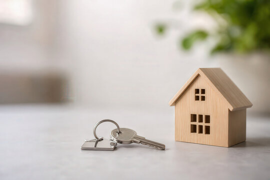 Small wooden house model and metal key showing hopeful emotion for new property investment, real estate business, mortgage loan and personal insurance protection concept white surface home office