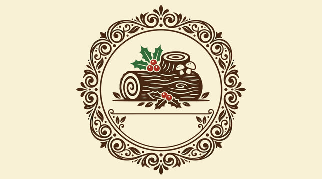 Christmas Yule Log Emblem with Holly and Mushrooms