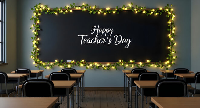 Teacher appreciation celebration with festive classroom banner. Happy educators day event backdrop for school gratitude ceremony.