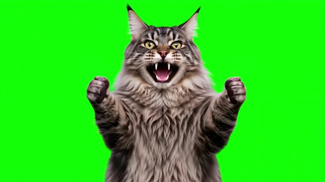Realistic cat raising hands and cheering joyfully, victorious business success and winning celebration concept isolated on chroma key green screen background. 3D.