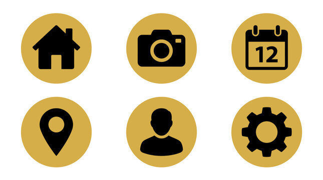Collection of six modern flat icons representing common user interface elements