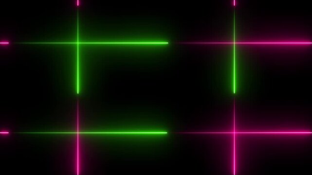 Neon line glowing square frame on black background. Glowing neon frame background animation square shape.
