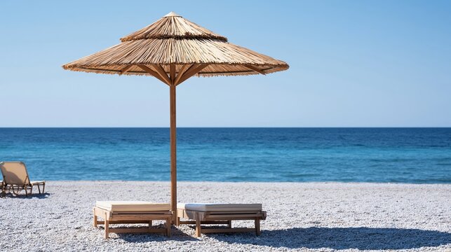 Straw beach umbrella with lounge chairs on a peaceful pebble beach offering tranquil ocean views under a clear blue sky