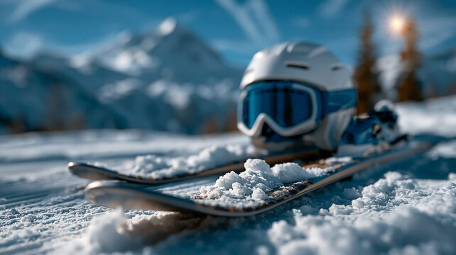 Ski equipment with helmet and goggles resting on fresh mountain snow mountain vacation