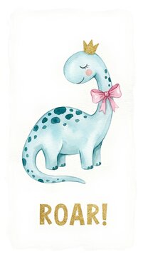 Cute watercolor dinosaur with crown and bow illustration.