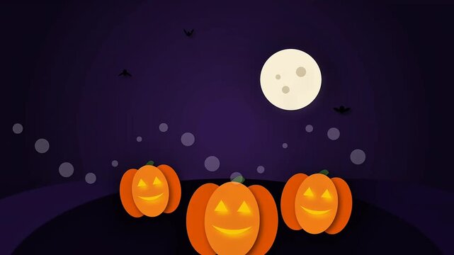 Spooky Pumpkins Under the Full Moon: A trio of jack-o'-lanterns with glowing faces gleam menacingly under a bright full moon, silhouetted against a deep purple night sky.