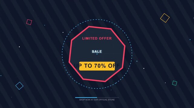 Limited Offer Sale: Discover exclusive savings with this dynamic graphic design, featuring a striking geometric pattern, the words Limited Offer and Sale, and a prominent Up to 70% Off notification.
