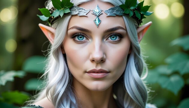 Portrait of an ancient forest elf princess with silver hair and blue eyes in magical woods