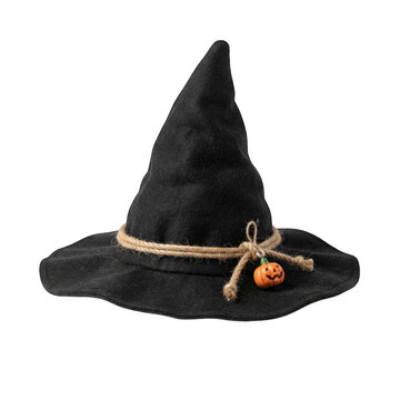 Black felt witch hat decorated with a small pumpkin charm isolated on transparent background