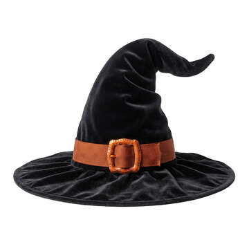 Black velvet witch hat with an orange ribbon and buckle isolated on transparent background
