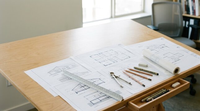 An architect spreads architectural blueprints on a wooden drafting table. The architect uses pencils and a ruler to measure and mark the plans.