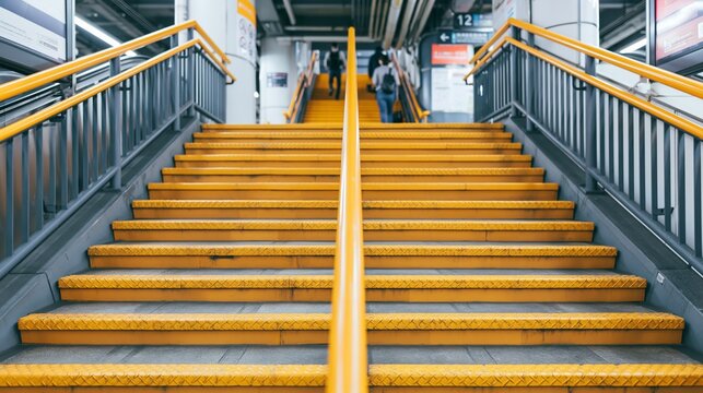 Yellow staircase with geometric lines inside a modern subway station, commuters ascending upwards