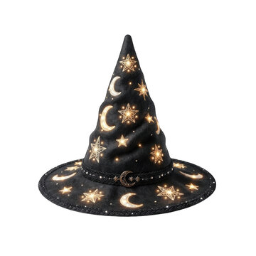 Black witch hat decorated with glowing stars and moons isolated on transparent background