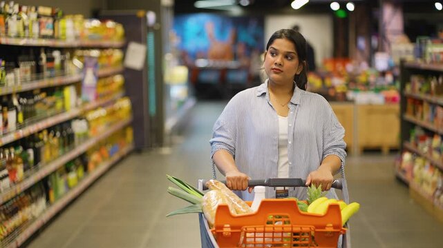 Young indian woman pushing shopping cart in supermarket aisle
