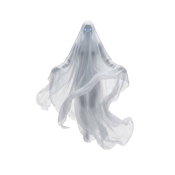 A spooky white ghost with glowing blue eyes floating isolated on transparent background