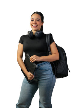 Young hispanic woman student carrying a backpack and holding a tablet