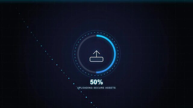 Loading Progress Circle: A futuristic digital interface displays a circular progress bar indicating 50% completion for an upload, set against a dark.