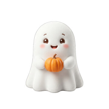 Cute cartoon ghost holding a small orange pumpkin for halloween isolated on transparent background