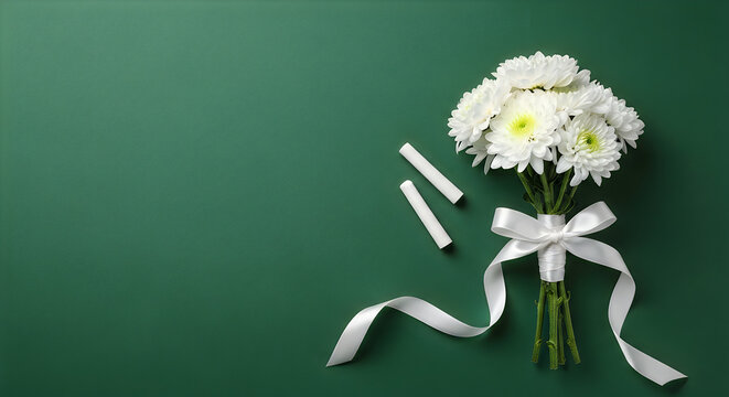 Bridal bouquet with white roses and ribbons for wedding ceremony. Elegant floral arrangement tied with satin bow on green background.