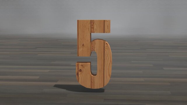 A 3D render of a wooden number ten standing on a wood plank floor in a foggy, atmospheric room. Ideal for rustic anniversaries or milestone designs.