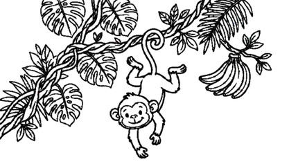 Cute monkey hanging from a jungle vine, tropical leaves and bananas, simple black outline coloring page, white background, no gray, no shadows. © BORHAN