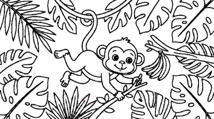 Cute monkey hanging from a jungle vine, tropical leaves and bananas, simple black outline coloring page, white background, no gray, no shadows. © BORHAN