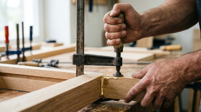 Carpenter tightening a heavy metal F-clamp to securely hold wood joint pieces together during gluing.