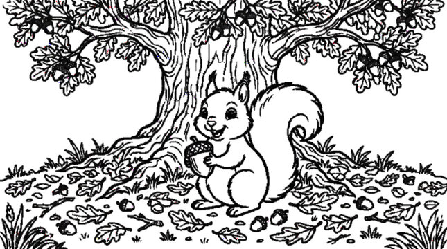 Cute squirrel holding an acorn beneath an oak tree, scattered leaves and acorns, bold black line drawing, clean contours, white background, coloring book page.