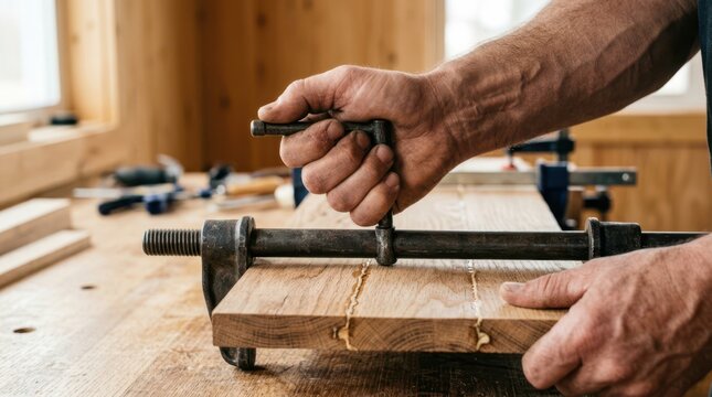 Craftsman turning the screw handle on a heavy steel bar clamp to press laminated wood boards together.