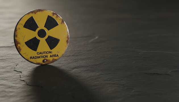 Rusty yellow nuclear warning symbol sign on dark background for prohibition of nuclear weapons and disarmament concept with copy space